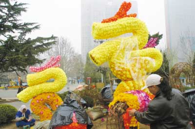 劳动公园北门附近的花坛中,一尊高约6米的龙形花卉造型已见雏形(图)