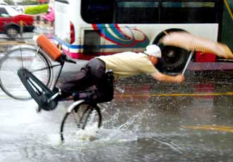 这组照片记录了一位骑车人在暴风雨中碰到路上的水坑而摔倒的全过程.