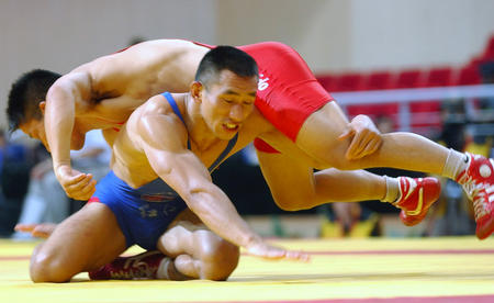 图文:十运男子自由式摔跤 毕红荣在比赛中