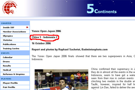 国际羽联：日本赛中国3-2胜印尼 林丹决定胜负