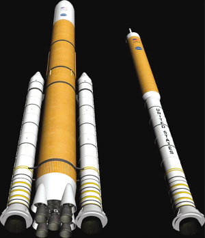 NASA重型登月货运火箭(左)和运送宇航员的载人火箭(右)的假想图。