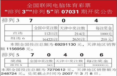 排列3排列5第07031期开奖公告(图)