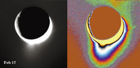 “卡西尼”号发回的照片显示,土卫二上的间歇泉不断向太空喷射水柱和冰状颗粒。