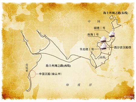 海上丝绸之路沿途中国古沉船示意图。