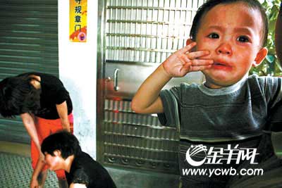 在出租车公司的办公室前，的哥的妻子悲痛欲绝，两岁的女儿也痛哭流涕