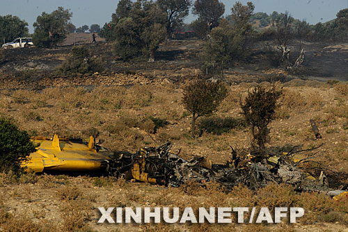 7月23日，在希腊南部的斯蒂拉，空军军官察看失事的消防飞机的残骸。