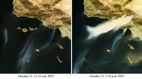 10月21日，NASA发布的这张由“特拉”卫星拍摄到的影像显示，加州洛杉矶地区在短短几个小时的时间迅速被大火燃起的浓烟覆盖。