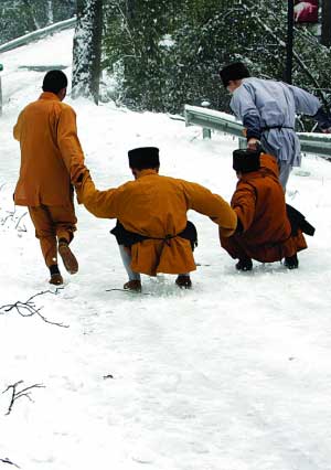 昨日,岳麓山上的僧人也从寺庙走出来在阳光下嬉戏. 图/记者殷建军