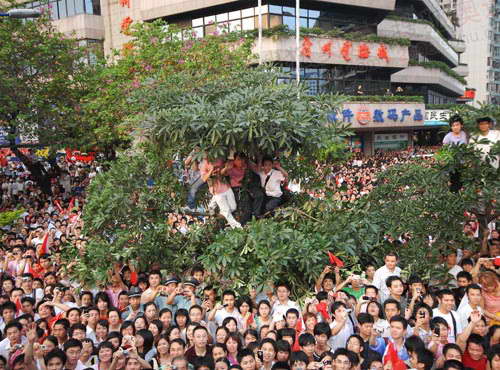 广州市民的热情似火，他们总是想尽一切办法，看到奥运火炬，为奥运火炬加油助威