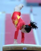 图文：全锦赛程菲夺女子跳马冠军 程菲飞身跃起
