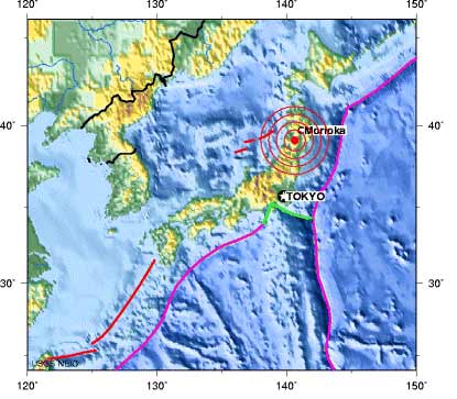 圖為美國地質勘探局的此次日本強烈地震示意圖