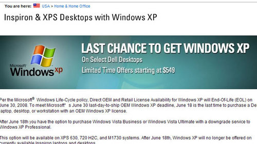 XP将结束使命 戴尔18日后停售预装机器 