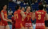 图文：中国女排2-3不敌美国 队员击掌庆祝得分