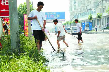 郑州雨后道路依然遭淹 市民积水中捞出150条鱼