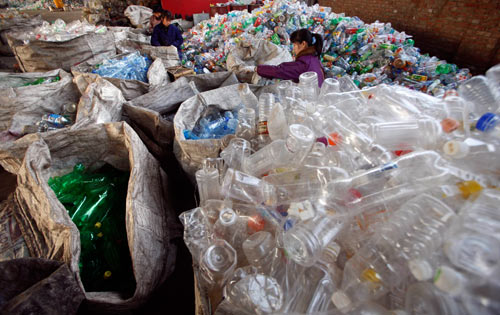 11月4日,北京一处废品回收站,工厂在整理废弃饮料瓶.
