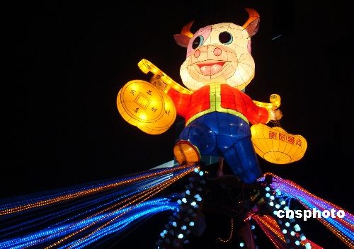 2009年2月8日消息,连日来,由苏州民间艺人赶制的卡通牛造型的姑苏彩灯