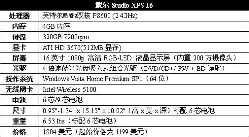戴尔Studio XPS 16娱乐型笔记本评测