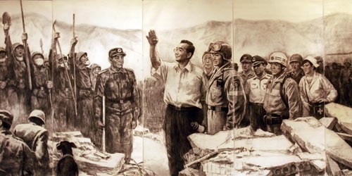 《抗震壮歌》巨幅素描局部.中国教育报记者 张学军 摄
