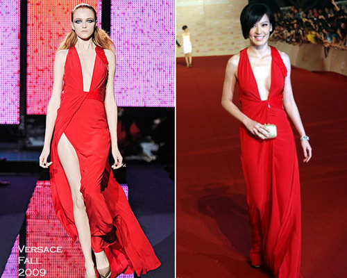 林熙蕾选择了Versace红色礼服裙。