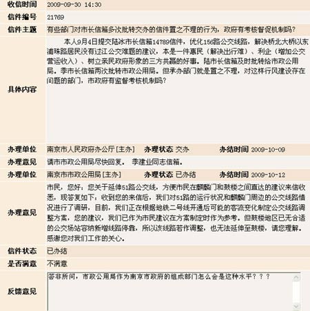 南京市长信箱答非所问 市民盼政府出台监督机