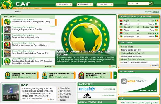 非足联官网截图，头条是谴责袭击多哥队的武装分子，右边是非洲杯赛程，其中有加纳对多哥