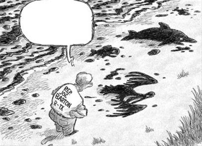 美国媒体用漫画讽刺巴顿称,他应该要求那些因原油泄漏而遭殃的动物也