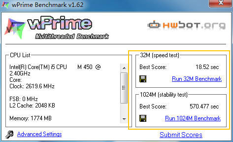 Wprime测试成绩(值得注意的是因为软件识别问题，处理器显示为i5 450M)