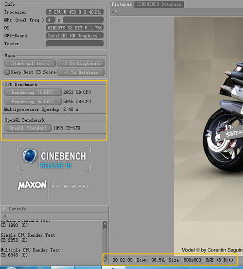 CineBench10渲染测试(值得注意的是因为软件识别问题，处理器显示为i5 450M)