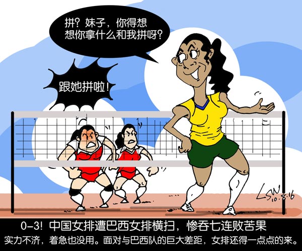 漫画:中国女排对巴西七连败 拿什么跟对手拼?