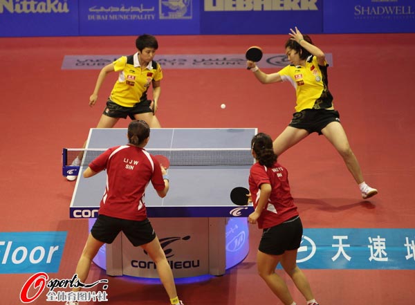 图文:乒乓球世界杯女团夺冠 双打激战正酣