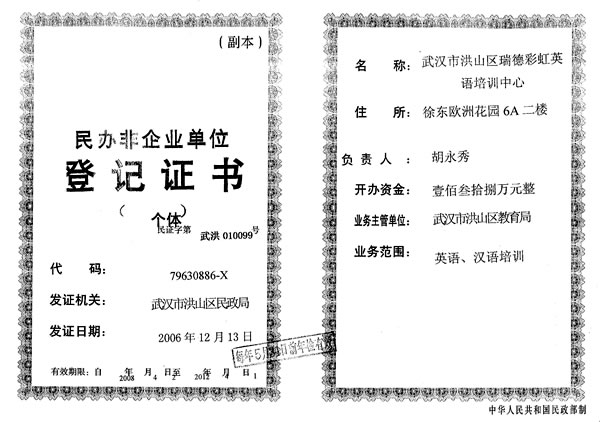 十大品牌小语种培训机构候选名单:武汉瑞德语言培训中心;; 资质证书