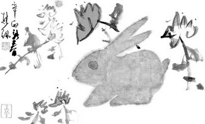 如约在新春首日去画家张桂铭家取他为本报创作的"新春开笔"作品《玉兔