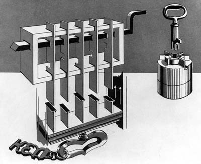 约瑟夫·布拉默设计的圆筒锁的原理示意图.
