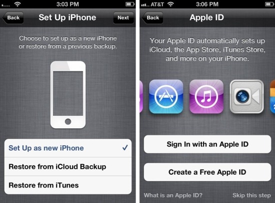 可以选择从云端(或电脑)恢复数据,icloud 和 apple id 登录界面出现