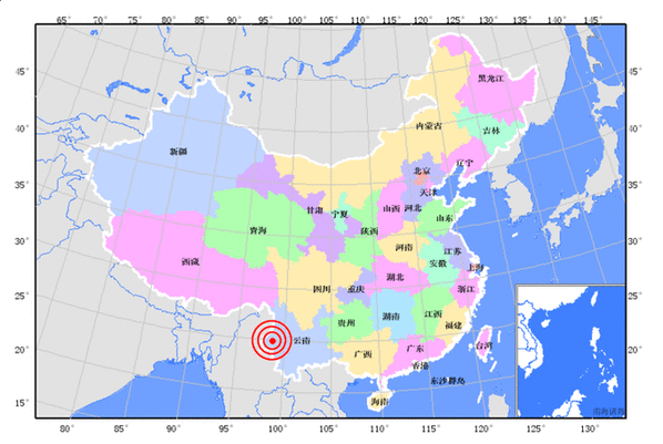 据中国地震台网测定，北京时间2011年8月9日19时50分在云南省保山市腾冲县、隆阳区交界（北纬25.0,东经98.7）发生5.2级地震, 震源深度11公里。图片来源：中国地震局网站