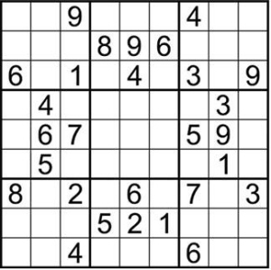 在空格内填入数字1-9,使得每行,每列和每个粗线框的九宫格内数字不