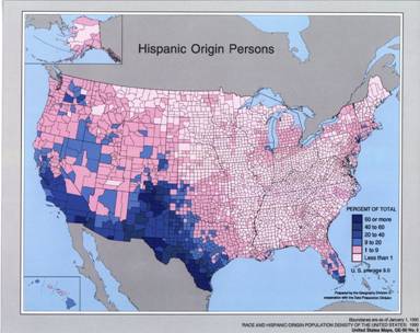 (拉丁裔人口分布地图,颜色越深表示拉丁裔人口占该地区总人口比例
