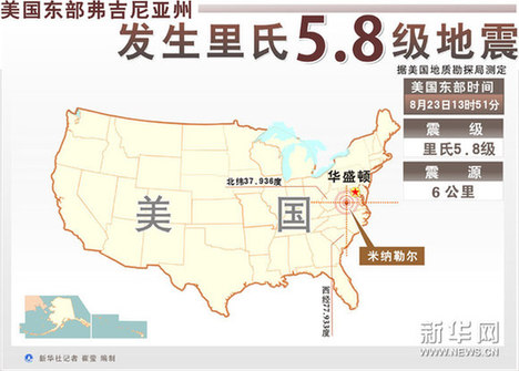 图表:美国东部弗吉尼亚州发生里氏5.8级地震 新华社记者 崔莹 编制图片