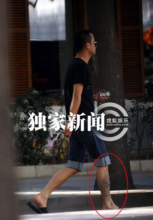 文章戴墨镜露纹身 与景岗山喝下午茶(组图)