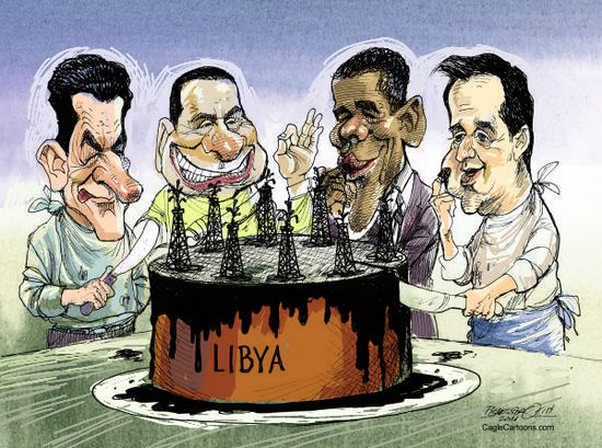 英美法意瓜分利比亚石油蛋糕.政治漫画网