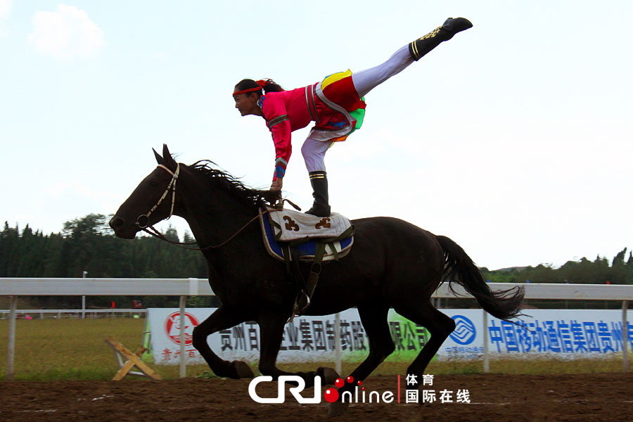 来自内蒙古阿拉善盟的选手在马背上表演各种马术特技.姚毅婧摄