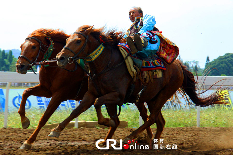 来自内蒙古阿拉善盟的选手在马背上表演各种马术特技.