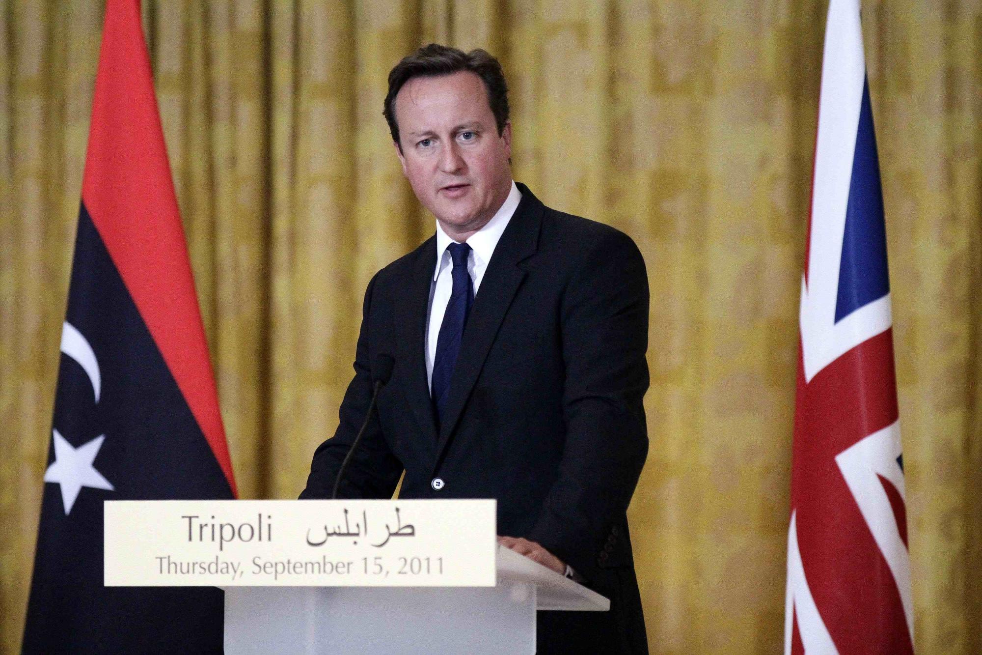 英国首相卡梅伦在记者招待会上