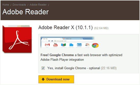 Adobe Reader 下载捆绑 Chrome 浏览器