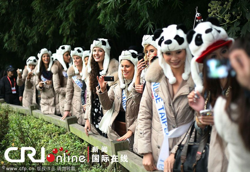 国际小姐参观成都熊猫基地 齐戴玩偶帽俏皮可