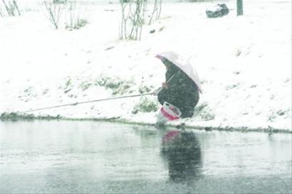 11月18日下午,天降初雪,沈阳皇姑区舍利塔公园湖边,一个人不惧寒冷,顶