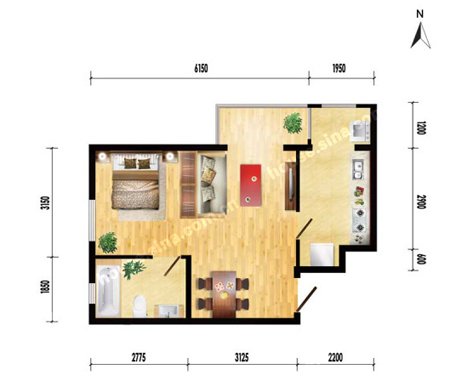 图为a1户型一室一厅一卫 55.79平米