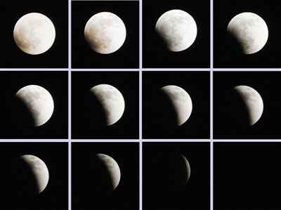右图为12月10日晚在北京故宫拍摄的月亮从初亏到食既的过程(拼图照片)