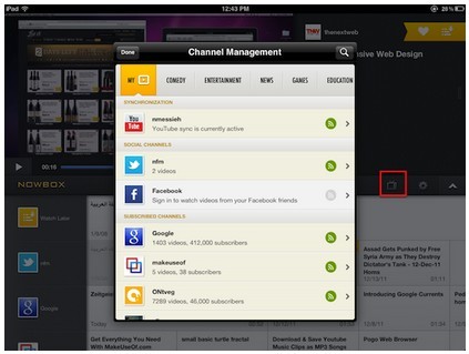 Nowbox的布局巧妙，使用起來就像觀看普通電視一樣。使用者可以流覽訂閱的YouTube頻道和通過社交網路分享的影片。
