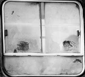 12月26日,在沈阳街头,公交车内的乘客透过结满冰花的车窗向外张望.
